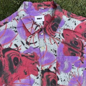 OBEY Upshot Woven Shirt Camp Collar Graphic Print Y2K inspired Oversized Top L